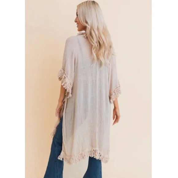 Beige Sunbleached Fringe Bohemian Ruffle Kimono Open Wrap Top One Size