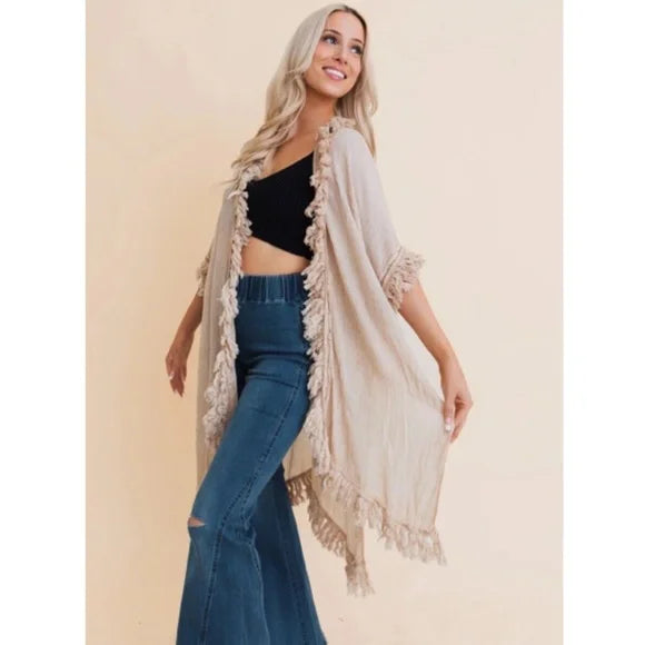 Beige Sunbleached Fringe Bohemian Ruffle Kimono Open Wrap Top One Size