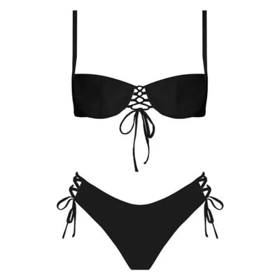 Luna Black Sexy Lace Up Underwire Cheeky 2PC Bikini Swimsuit Set