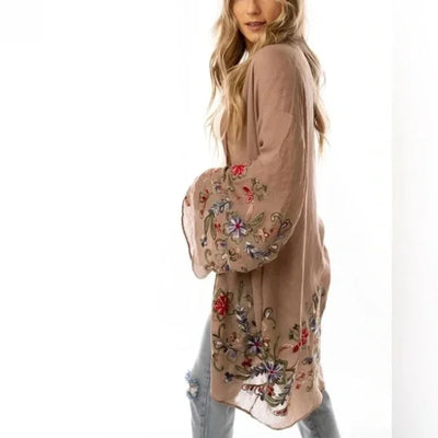 Mocha Longline Floral Embroidered Kimono Open Wrap Cardigan Top One Size