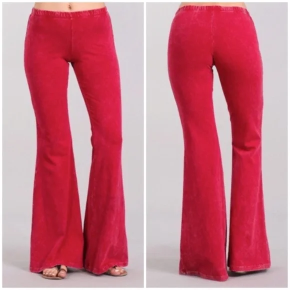 Raspberry Boho Mineral Wash Flared Bell Bottom Stretch Pull On Pants Womens