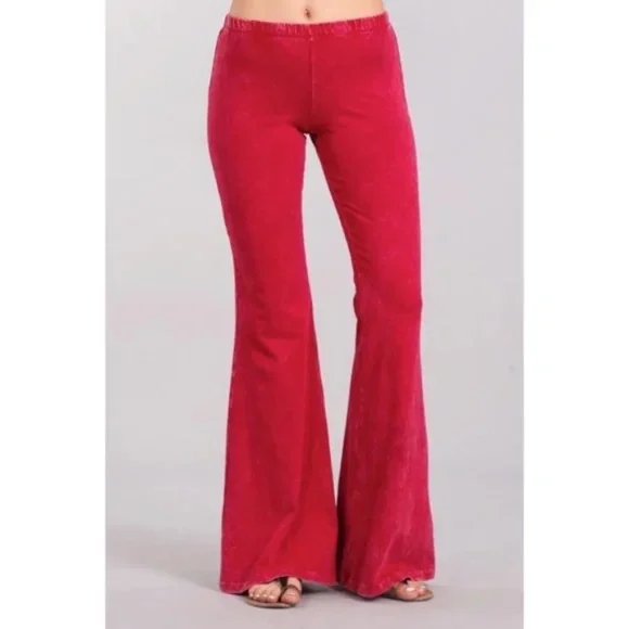 Raspberry Boho Mineral Wash Flared Bell Bottom Stretch Pull On Pants Womens