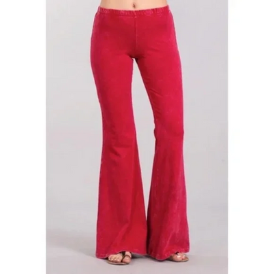 Raspberry Boho Mineral Wash Flared Bell Bottom Stretch Pull On Pants Womens