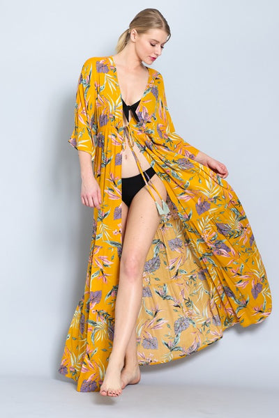 Mustard Floral Maxi Long Kimono Crepe Coverup Wrap Cardigan Womens