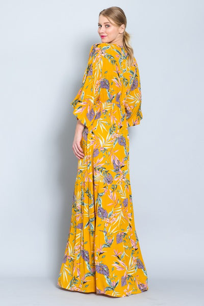 Mustard Floral Maxi Long Kimono Crepe Coverup Wrap Cardigan Womens
