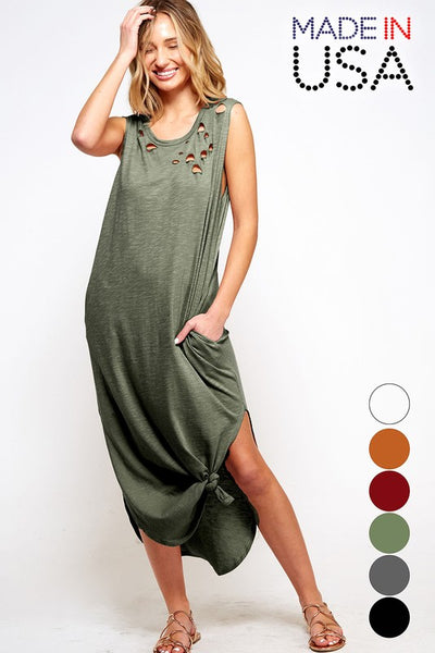 Olive Distressed Tank Midi Dress Casual W/ Pockets Womens