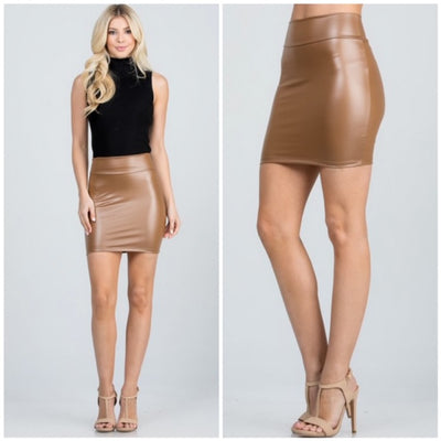 Caramel Faux Vegan Leather High Waist Mini Skirt Sexy Womens
