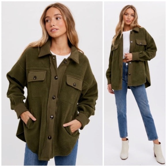 Olive Green Button Front Fleece Jacket W/ Elbow Patches & Pockets Winter Shacket