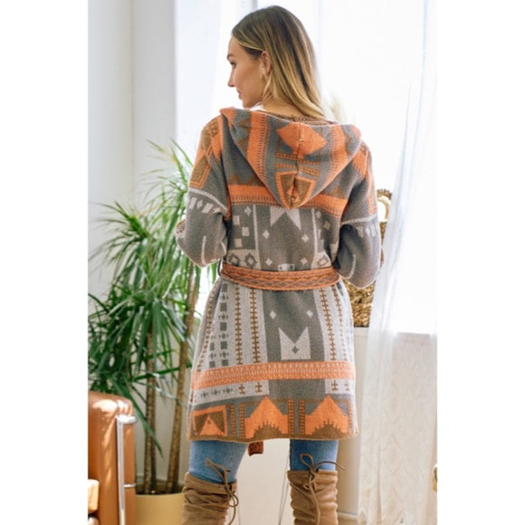 Gray Orange Aztec Tribal Hooded Knit Long Sleeve Cardigan Belted Sweater Women's