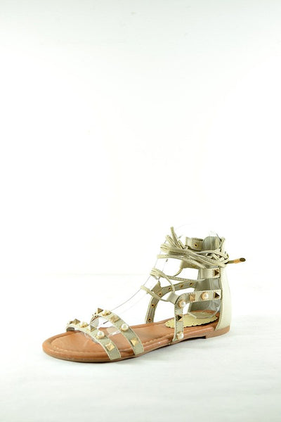 Pearl & Stud Festival Gladiator Lace Up Ankle Sandals Nude White Womens