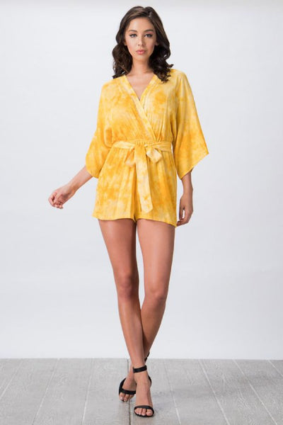 Yellow Tie Dye Surplice Kimono Romper Casual Womens