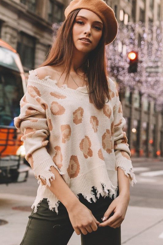 Ivory Leopard Print V-Neck Distressed Casual Soft Sweater Womens