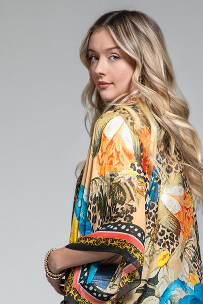 Milan Colorful Leopard Animal Print & Floral Border Kimono Wrap Coverup Top