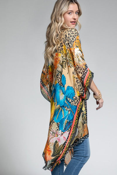 Milan Colorful Leopard Animal Print & Floral Border Kimono Wrap Coverup Top