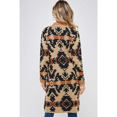 Mocha Aztec Western Boho Belted Cardigan Sweater Coatigan Knit Casual Womens