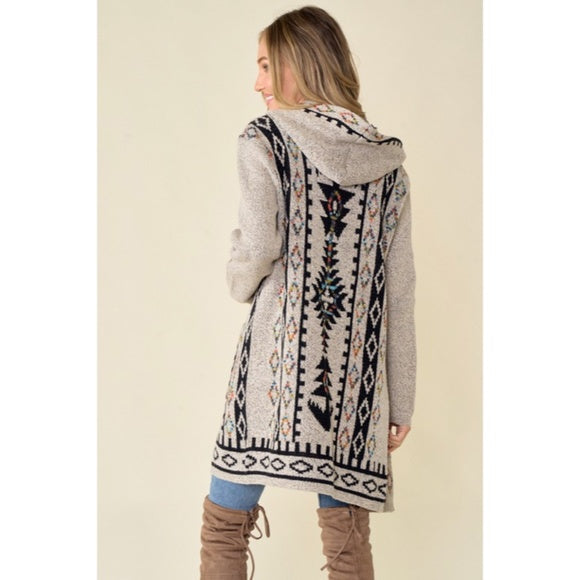 Oatmeal Aztec Rainbow Western Hooded Knit Cardigan Long Sleeve Open Sweater