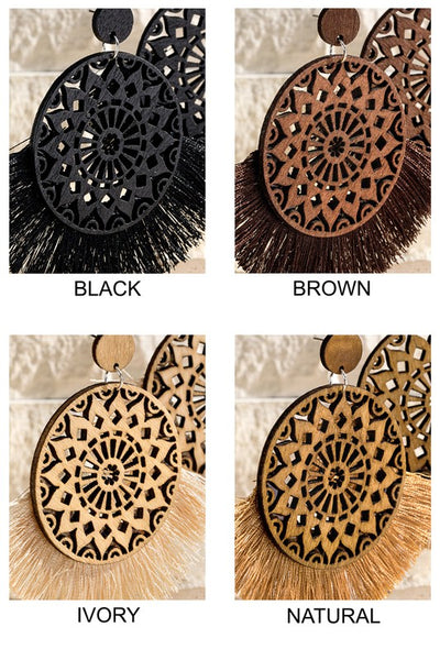 Brown Rustic Natural Wood Filigree Round Tassel Boho Bohemian Dangle Earrings