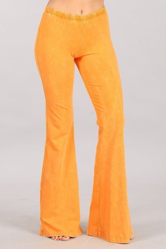 Tangerine Orange Boho Mineral Wash Flared Stretch Pants Casual Womens