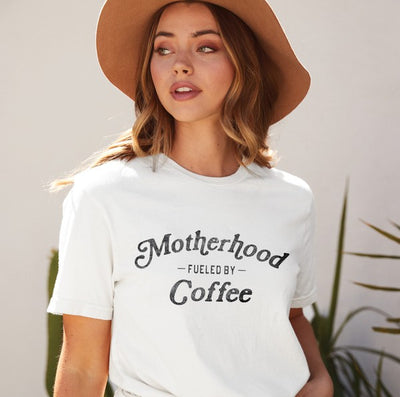 White Motherhood Fueled by Coffee Bella Canvas Casual Oversized Graphic Tee