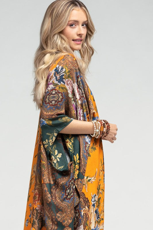 Windsor Dobby Jacquard Italian Print Floral Damask Motif Kimono Open Wrap Top