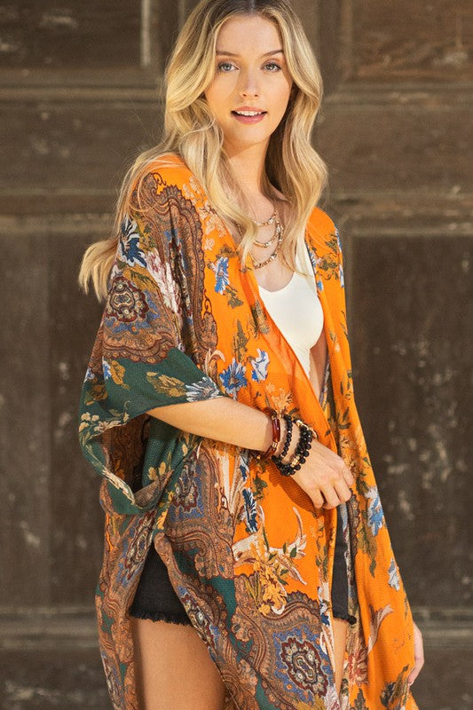 Windsor Dobby Jacquard Italian Print Floral Damask Motif Kimono Open Wrap Top