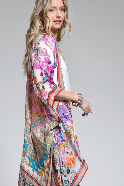 Ajoure Colorful Italian Baroque Floral Print Lightweight Kimono Open Wrap Top