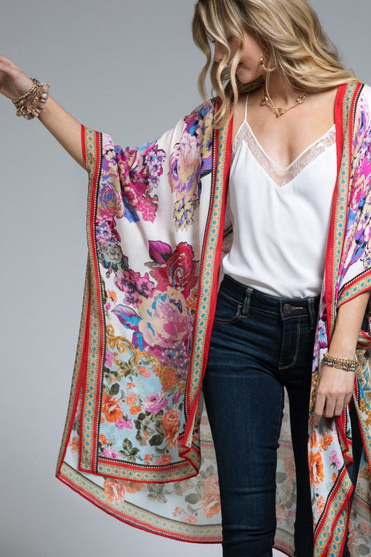 Ajoure Colorful Italian Baroque Floral Print Lightweight Kimono Open Wrap Top