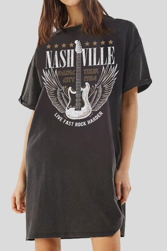 Mineral Black Nashville Music City Guitar Graphic Short Sleeve T-Shirt Dress