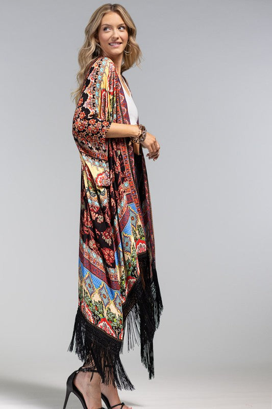 Multi Color Marigold Floral Damask Bohemian Jacquard Tassel Fringe Kimono Wrap