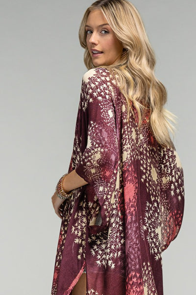 Plum Floral Dandelion Spring Summer Kimono Wrap Coverup Top Casual One Size
