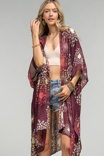Plum Floral Dandelion Spring Summer Kimono Wrap Coverup Top Casual One Size