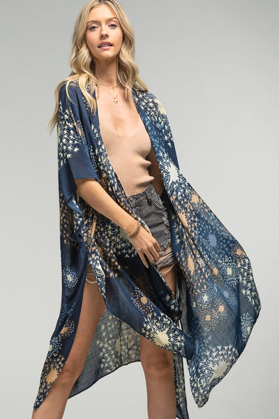 Navy Blue Floral Dandelion Spring Summer Kimono Wrap Coverup Top Casual One Size