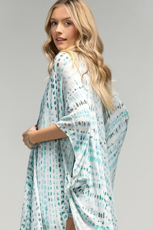 Turquoise Watercolor Dots Printed Open Kimono Wrap Coverup Summer Top One Size