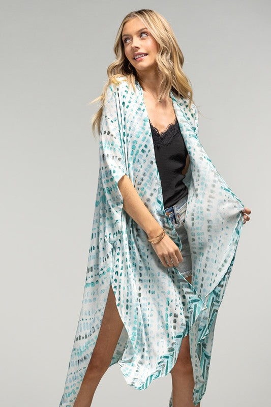 Turquoise Watercolor Dots Printed Open Kimono Wrap Coverup Summer Top One Size