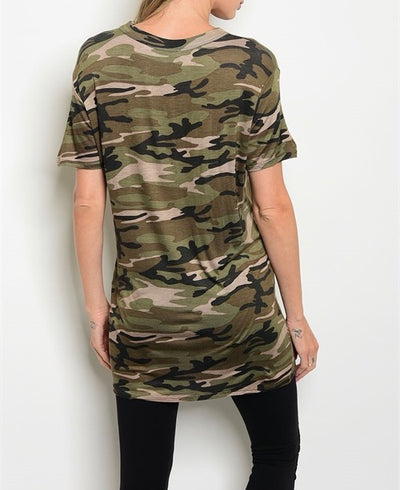 Camo Top Army Camouflage Choker Low Cut Deep V Neck Long Tunic Tee T-Shirt
