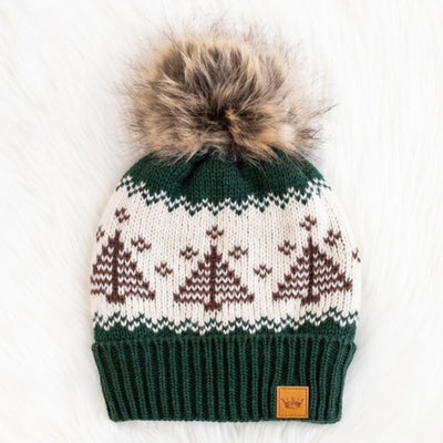 Holiday Green Knit Evergreen Trees Winter Faux Fur Pompom Fleece Lined Beanie Hat
