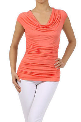 Shirt Top Coral Solid Front Lace Back Ruched Dual Tone Stretch