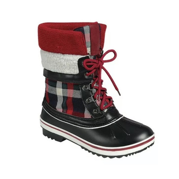 Red Plaid Print Sherpa Winter Duck Ankle Boots