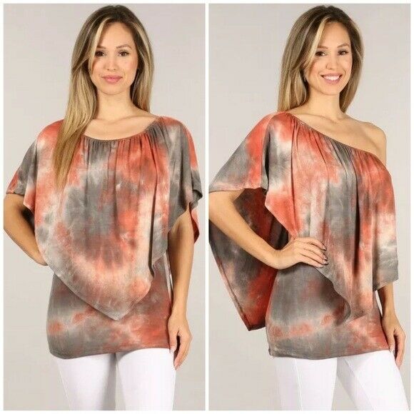 Rust Gray Tie Dye Boho Convertible Off One Shoulder Womens Casual Top