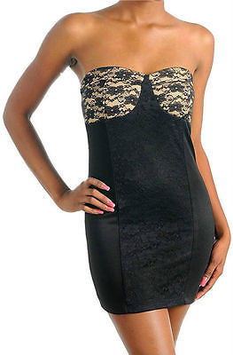 Dress Cocktail Lace Strapless Tube Panel Sexy Nude Mini New Black Woman