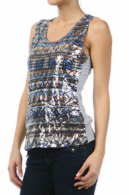 Tank Top Sleeveless Sequin Tribal Aztec Sparkling Front Solid Back Size