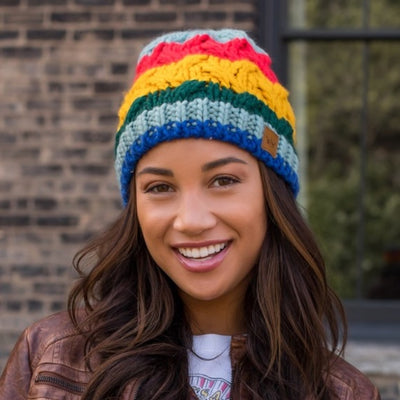 Rainbow Striped Colorful Cable Knit Fleece Lined Beanie Women's Winter Hat