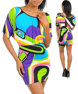 Dress Mini Colorful Geometric Abstract Dolman Sleeve Backside Keyhole