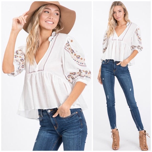 Boho Vintage Embroidered White Peasant Blouse Casual Womens