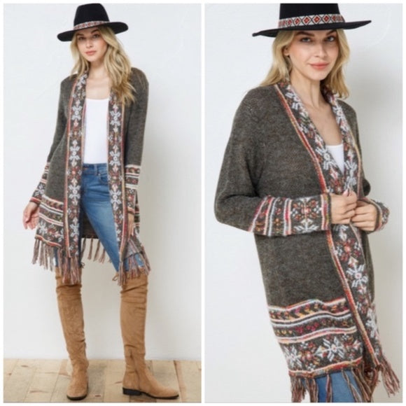 Moss Olive Snowflake Marled Native Western Aztec Open Knit Cardigan Sweater