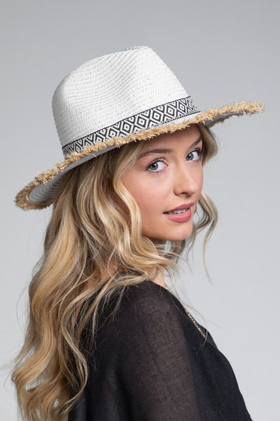 White Ethnic Frayed Trim Straw Women's Panama Hat