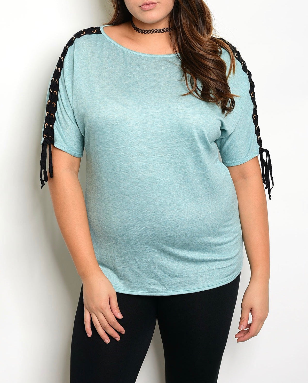 Plus Size Aqua Shirt Top Lace Up Tie Casual 3/4 Sleeve Womens