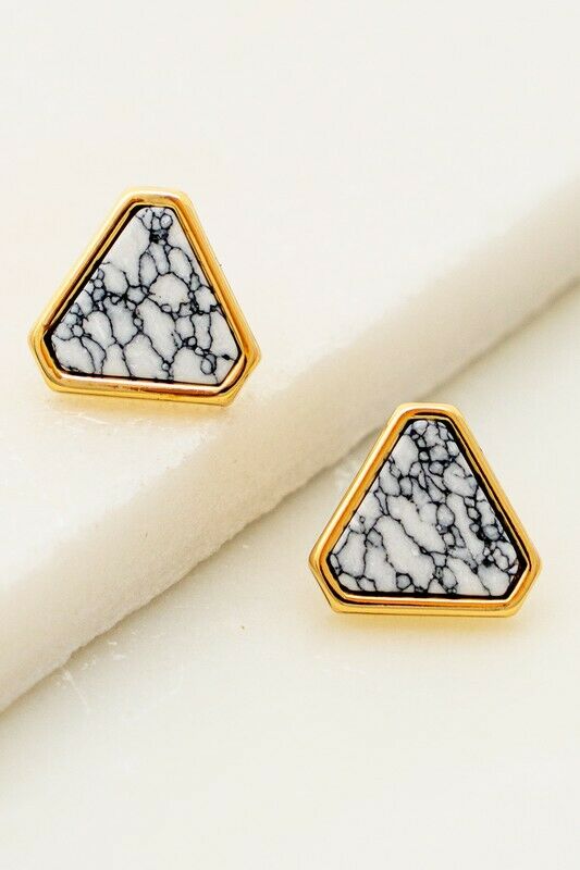 White Gold Rimmed Triangle Natural Stone Stud Earrings