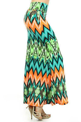 Skirt Chevron Neon Maxi Full Length Casual High Waist Bright Sexy Stretch