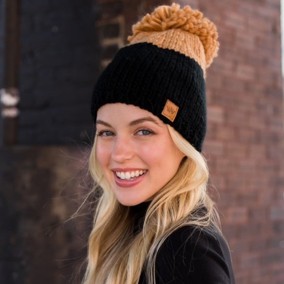 Black Camel Colorblock Knit Fleece Lined Pompom Women's Beanie Winter Hat